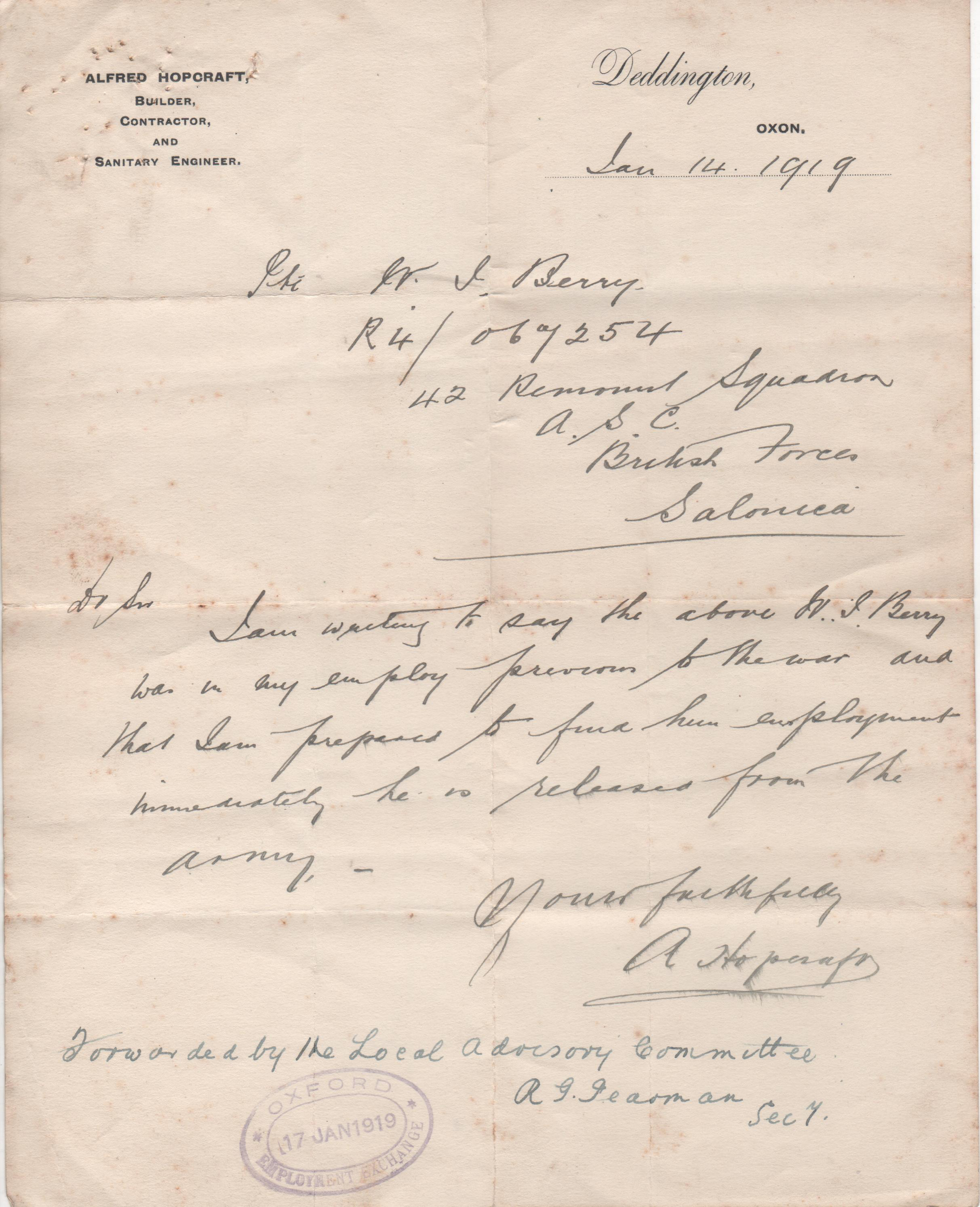 14jan1919_AHopcraftofferofemployment