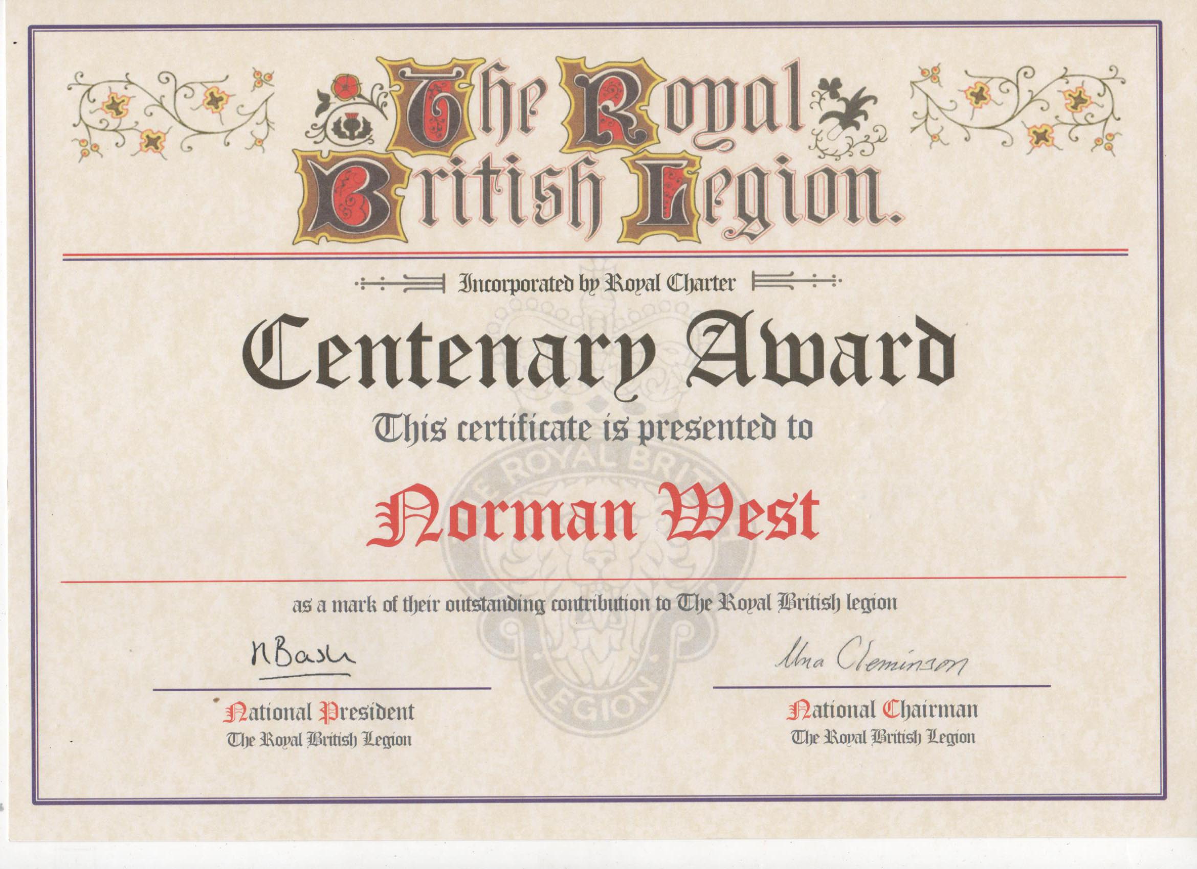 Centenaryawardcertificate